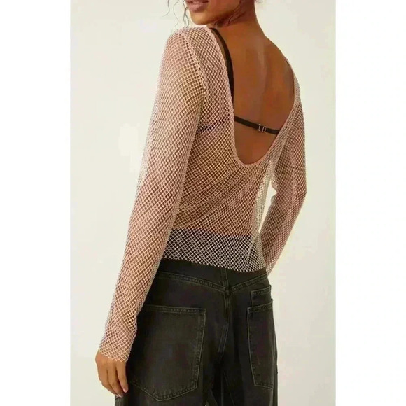 NWT Free People Sheer Metallic Fishnet Long Sleeve Top Party Club Mesh Glitter - Picture 3 of 8